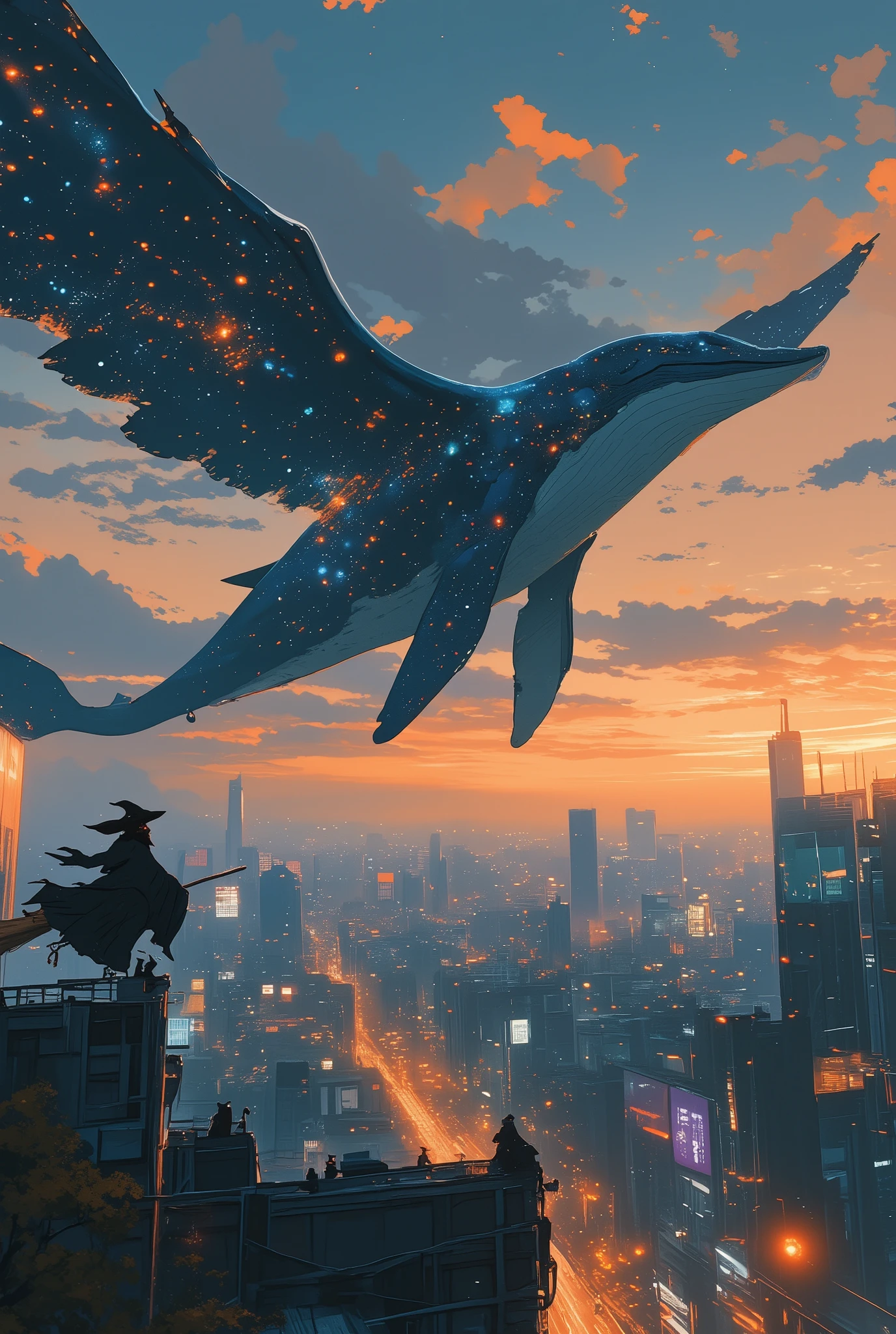a photorealistic cinematic scene of a massive winged whale with a starry, night-sky-patterned body flying above a modern city skyline at dusk,
the whale's skin reflects constellations and nebulae, glowing faintly with cosmic light as its enormous feathered wings glide through the air,
a lone witch rides a wooden broom beside the creature, her silhouette outlined by the whale’s glow,
she wears a pointed hat and long cloak fluttering in the wind, calmly surveying the glowing city below,
the cityscape features detailed skyscrapers, traffic lights, digital billboards, and rooftop observers frozen in awe,
the setting sun casts orange and purple hues across the sky, blending with the whale’s galactic body to create a surreal contrast,
atmospheric haze, shallow depth of field, and soft lens flare enhance the cinematic mood,
the scene captures a quiet, magical invasion of everyday reality, merging fantasy with urban life