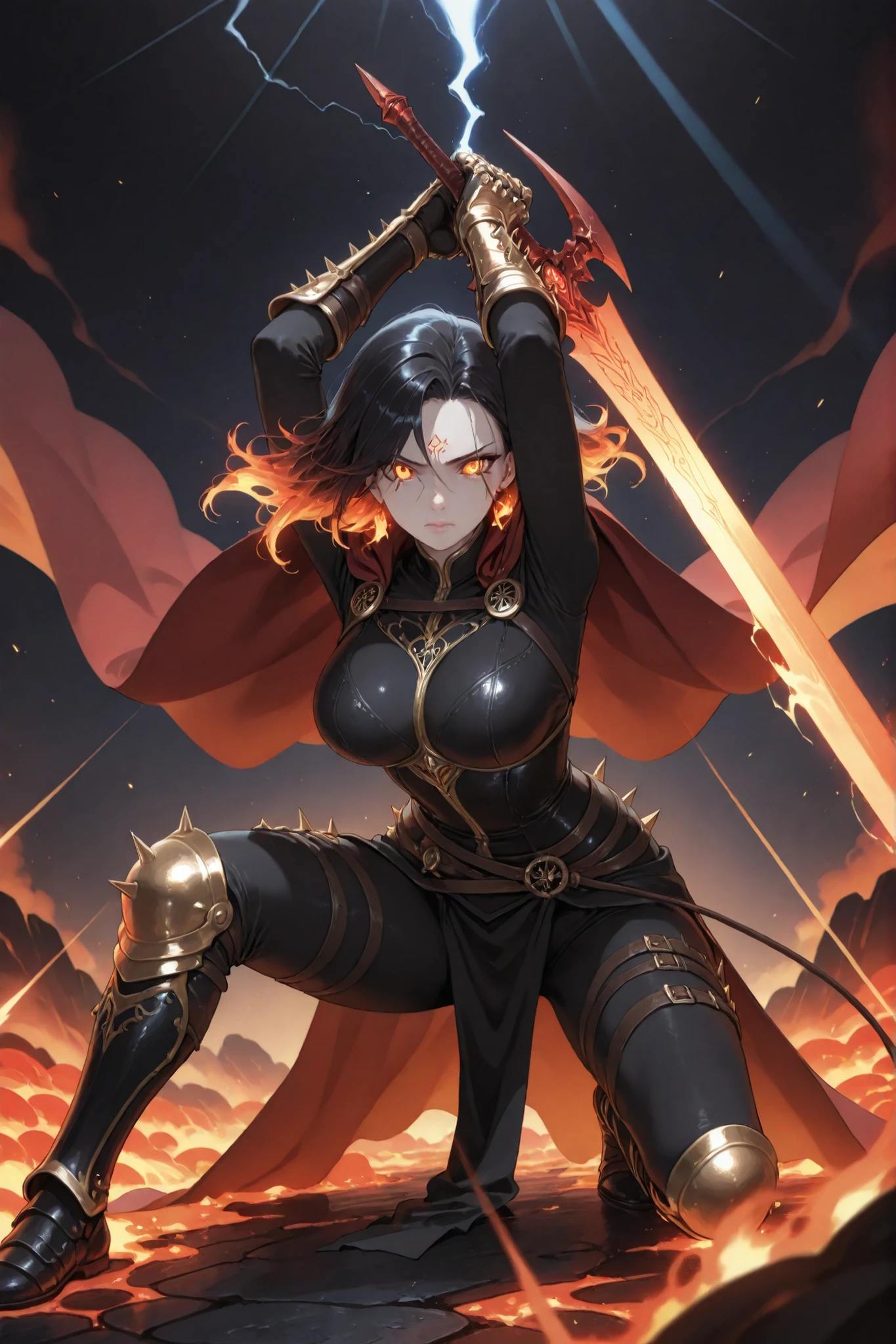 masterpiece, best quality, ultra high definition, high resolution, noise-free, (slender woman with firm medium-sized breasts:1.2), long flowing black hair with wind-swept strands, fierce deep crimson eyes, determined intense gaze, smooth pale skin, intricate dark steel plate armor adorned with ornate filigree and glowing red runic engravings, weathered leather straps, imposing spiked gauntlets with riveted plating, articulated greaves with engraved knee guards, tattered crimson cape billowing behind, heavy broadsword with fiery ember patterns on blade, (dynamic battle stance:1.1), dramatic low-angle shot focusing on powerful posture, sword raised high above head in a wide arc, both arms fully extended, torso twisted in mid-swing, legs spread with one knee bent and foot firmly grounded, body slightly leaning forward with weight shift, muscles coiling for strike, hair and cape swirling in vortex of motion, flying sparks and embers trailing from blade, extreme emphasis on precise recreation of pose, dramatic volcanic battlefield with rivers of molten lava, jagged obsidian rocks, rising plumes of black ash, glowing orange lava cracks illuminating surroundings, dark smoky sky with flickers of red lightning, distant volcanic eruptions erupting in background, thick swirling ash clouds, scorching heat haze, cinematic fiery glow reflecting off armor surfaces, volumetric god rays piercing smoke, high contrast chiaroscuro lighting, painterly brushstrokes, anime-inspired epic fantasy style, rich saturated color palette with dominant reds and blacks, specular highlights on metal and fiery reflections, subtle bloom effect on flames, realistic light scattering through particles, sub-surface scattering on skin, micro-surface details on armor dents and scratches, cinematic lens flare, ultra detailed environment textures, 8k resolution, anti-aliasing, cinematic depth of field with slight bokeh on distant elements, dynamic composition