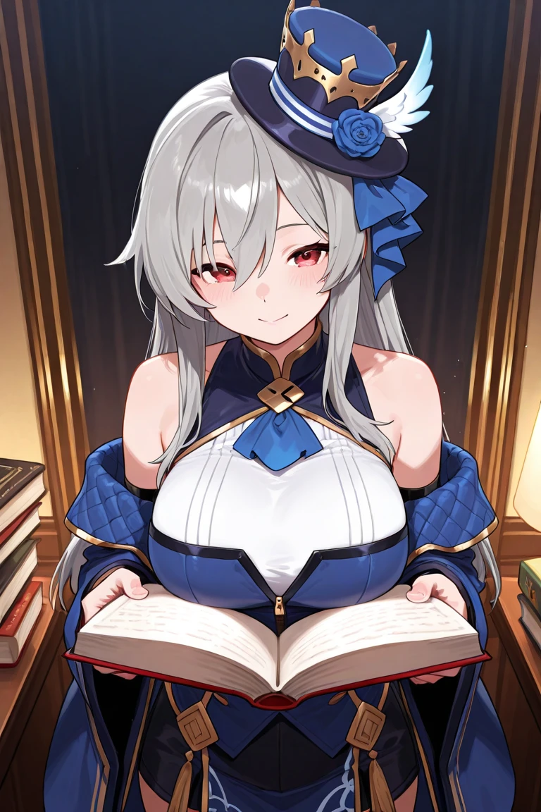 ((highest quality)), (Very detailedな), ((Very detailed)), (beautiful), ((pretty girl)),Two Side Up Hair,Platinum Blonde Hair,Long Hair, Parted bangs, Long sideburns,Jade green eyes, White skin,Large Breasts,Slender body,smile,whole body,From below,One Woman,Reading a book