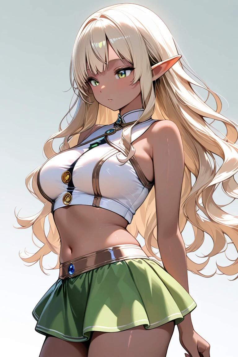 (((I want an elf girl with dark skin, white curly hair, detailed green eyes, a majestic body with full breasts, wearing a lightly low-cut white dress with peasant features and on her face a sweet smile)))