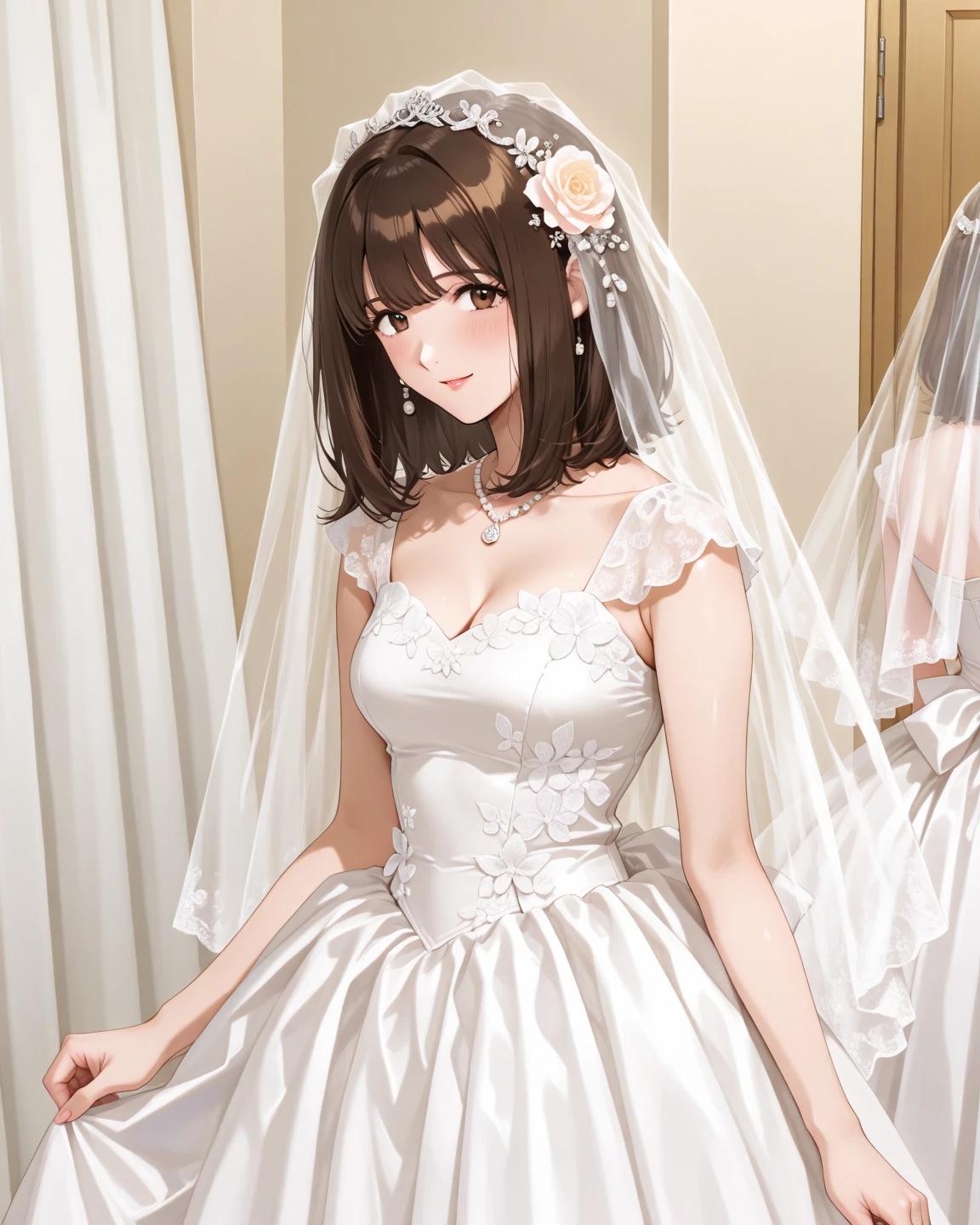 <lora:timeMasterRandom2komas_highTraining:1> woman dressed in wedding dress, Same woman doing blowjob nsfw