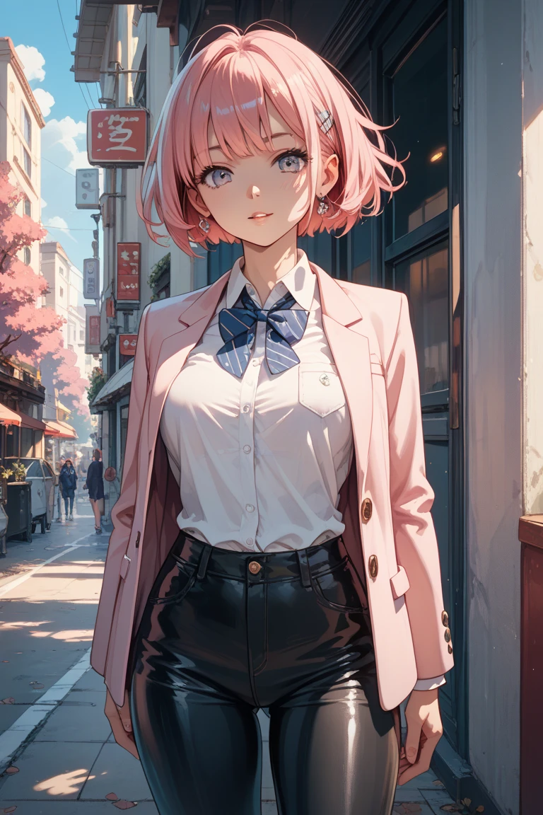 Masterpiece, best quality, super detailed, illustration, beautiful detailed eyes, close up, with a boy and a girl. It is pink hair, white pleated shirt, cracked clothing buttons, leaking cleavage, breast art, skirt. The boy is black hair, black suit, black pants. Boys and girls on the street, heavy rain weather