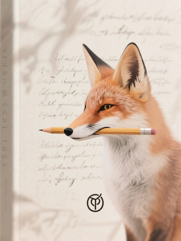 Create a poetic book layout featuring a sleek logo of a fox's head (cartoon animal) holding a paint brush in its mouth. The fox is looking directly at the viewer with a discerning (as if subtly staring into viewer's soul) from direct front view, contemplative gaze, its elongated snout pointed slightly downward, obscuring its mouth. In the background, include ambiguous, handwritten poetry that appears faded or blurred to create depth and mystery. The fox overlaps the poetry, which is positioned behind it, symbolizing inspiration and creativity. Beautiful, masterpiece, high detail. Bright Red Fur, Yellow Eyes, Slit Pupils. Sharply Defined Cheek Fur.