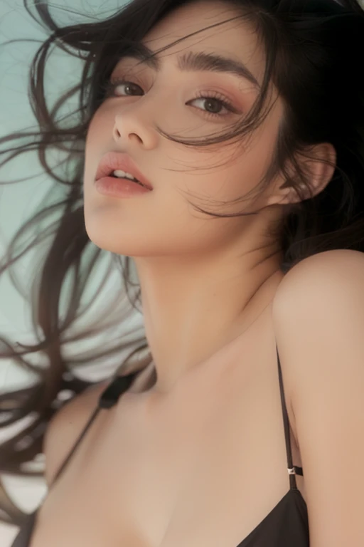 (Top quality)), , (High level of detail: 1.3), (8K, RAW photos, Top quality, Masterpiece: 1.2), (フォトリアリスティック, Photorealistic: 1.37), (Ultra photo realsisim), (High details), (detail in face), (Shadow detail), ((Larger breasts : 1.5)), Slender abs, Slim belly, (((big assa : 1.3))), (Big buttocks, (((Wide hips))), (Larger buttocks) , A star-studded girl by the pool, Long black hair, , eye shadows, eyes liner, soft makeup, Red lips, Show off her tits，Wet all over