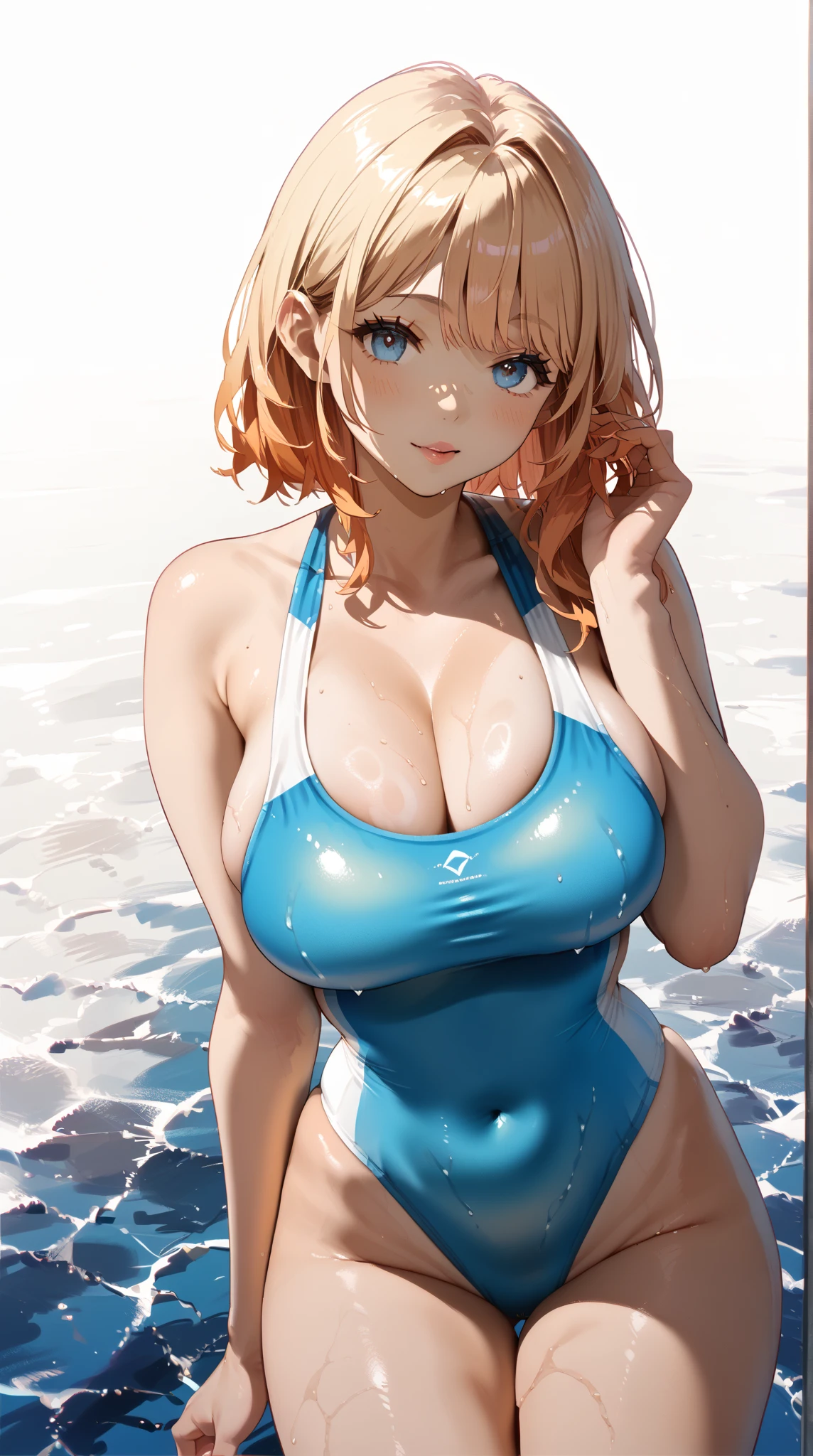 A nice adult woman wearing a sky blue swimsuit、1 person、((Orange short hair))(Yellow Eyes)、Hawaii Background、Face close-up