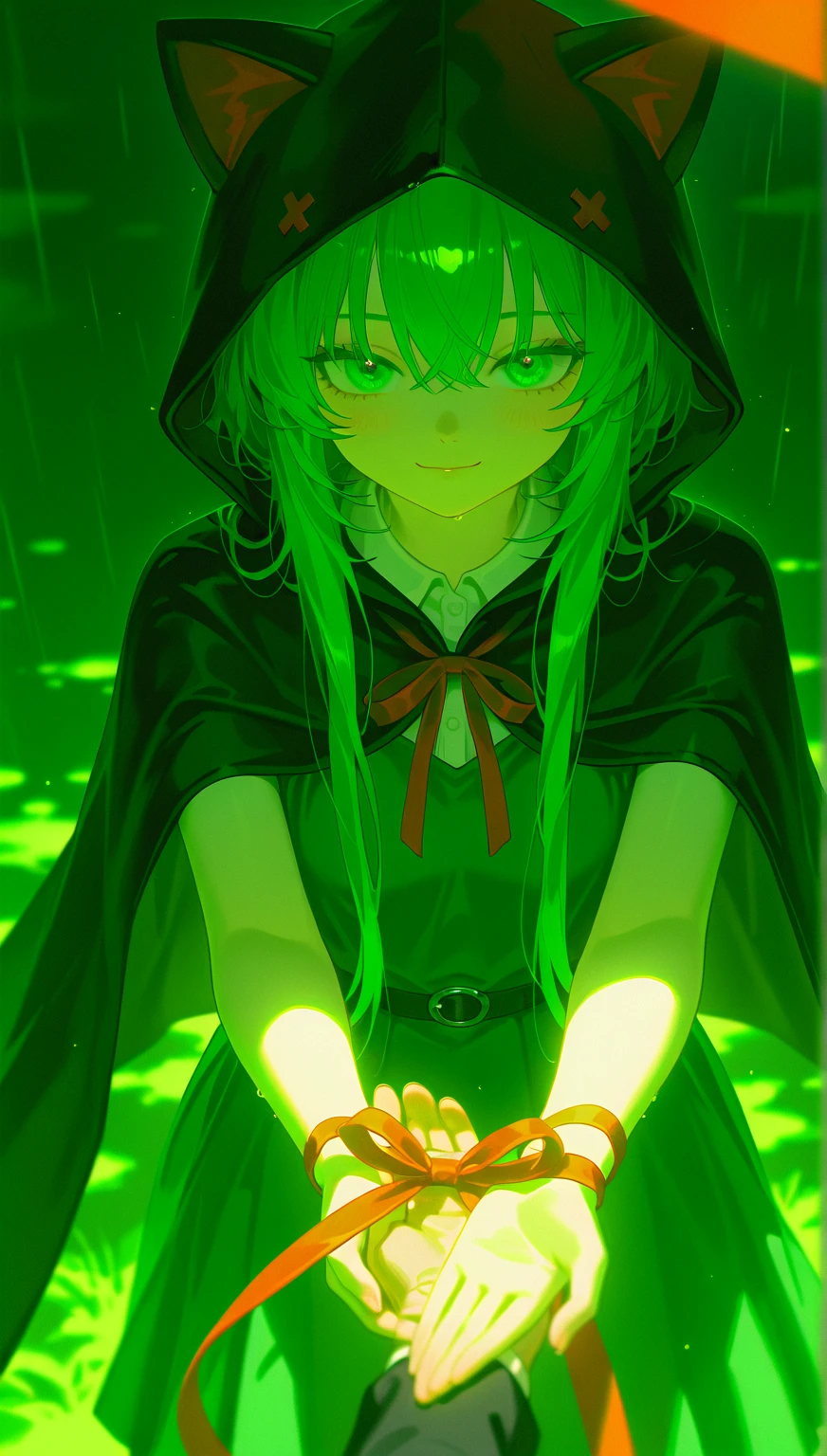 knife Half human, half ghost Illustration by komeiji koishi, looking at viewers, staring, blood, eyes visible through hair, insanity, green right eye, splashing blood, bloodonface, holding knife, Bloodstain, Blood drop, best quality,green hair