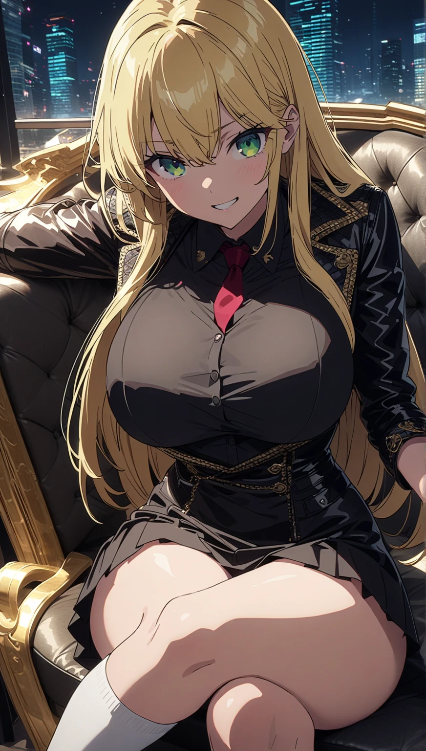 ((1 girl)), ((sitting on chair)), ((rope bondage)), ((arms behind back)), ((fully bound)), (restrained tightly), ((helpless)), (curly long blonde hair, golden eyes, black hooded jacket, black shirt, black shorts, tights socks), (((gigantic breasts))), ((blushing))