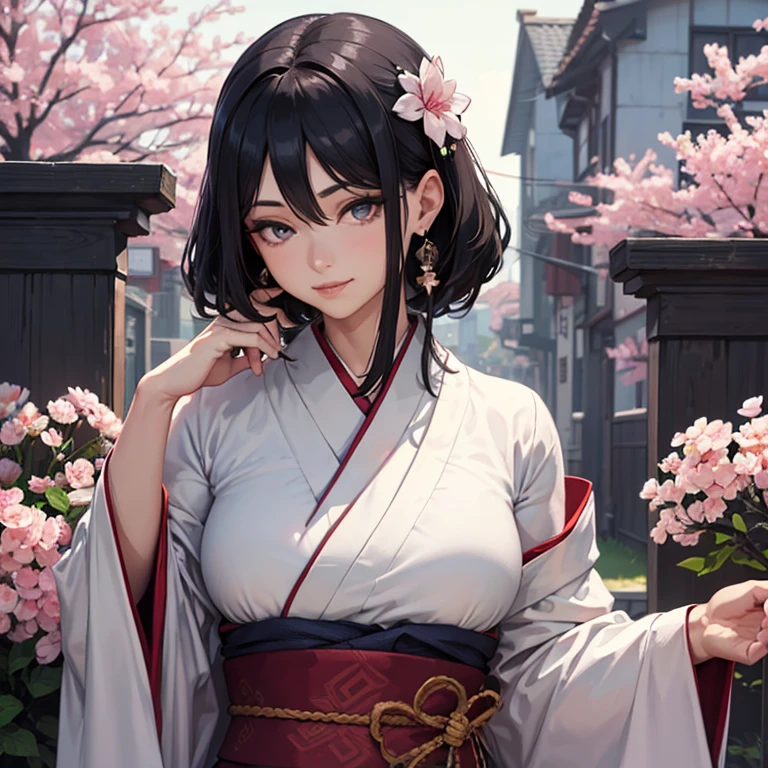 highest quality、Realistic、Night Sky、full moon、moonlight、cherry blossoms、Adult Woman、Japanese、zoom、look up、cute、Grey Eyes、Black Hair、Short Hair、Female ninja、Ninja、White underwear、Ninja sword on the back、Face close-up、slender