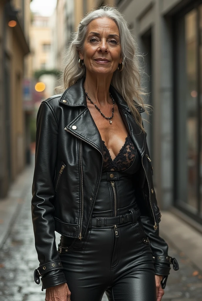 (Masterpiece), Realistic, very realistic, 8K, looking_at_viewer, beautiful+attractive+feminine+lovely+cute+mature+old+gorgeous+symmetric+sexy grandma, very beautiful 50 years, very gorgeous mature woman, ((grey_hair)), (brown almond eyes), realistic brown iris, slim nose, thin nose, beautiful nose, extremely beautiful woman, very detailed brown iris, very beautiful lady, large cheeks, cheek dimples:1.4, very beautiful, inspired by old mature Ana de Armas, wistful smile, headshot, rounded_feminine_chin, wearing leather_jacket and white_shirt and jeans, sitting on her Harley Davidson motorbike