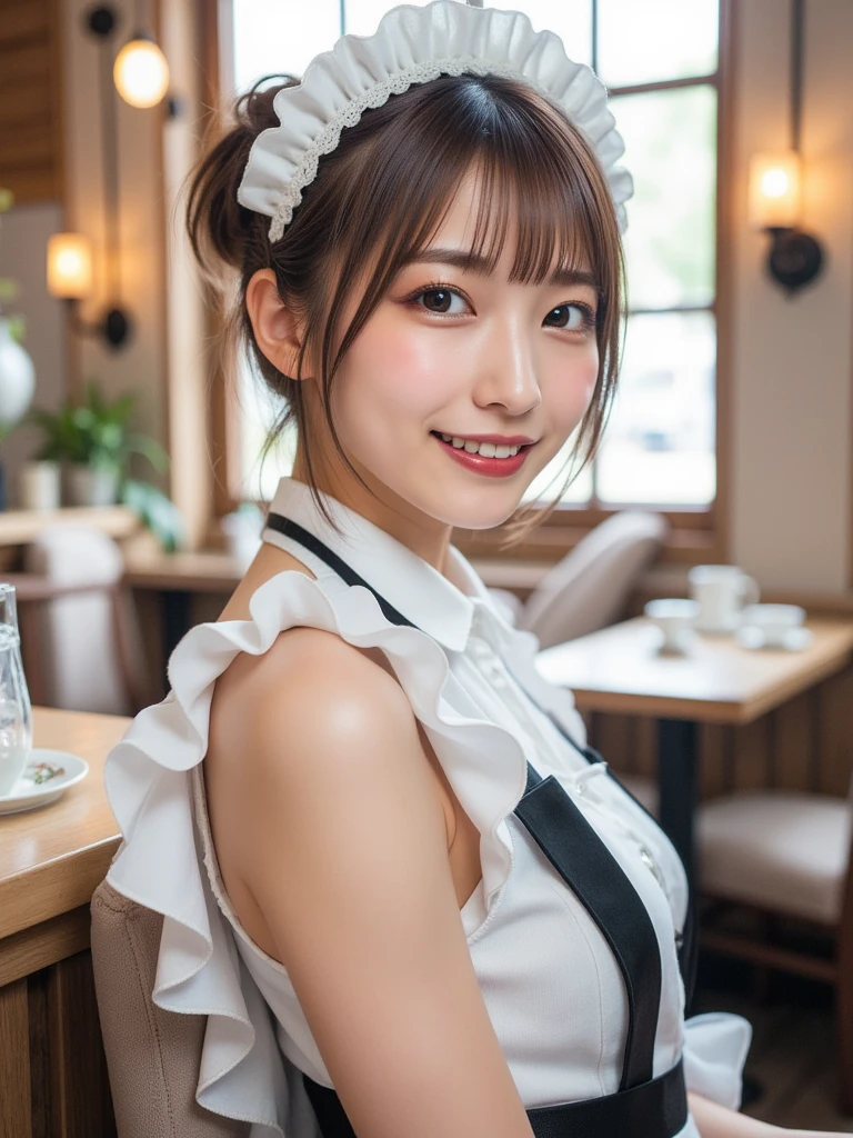 ((of the highest quality, 8K, masutepiece: 1.3, Raw photo)), Sharp Focus: 1.2, (1 AESPA Girl :1.1), Solo, (Realistic, Photorealistic: 1.37), (Face Focus: 1.1), Cute face, hyperdetailed face, (short messy hair: 1.2), Small Smile, Small breasts, flat chest, (dirndl: 1.5), ruffle skirt, multilayer skirt, chiffon skirt, rolling up her skirt herself, wind, Thigh, cafe, bar, books, flower, lily
