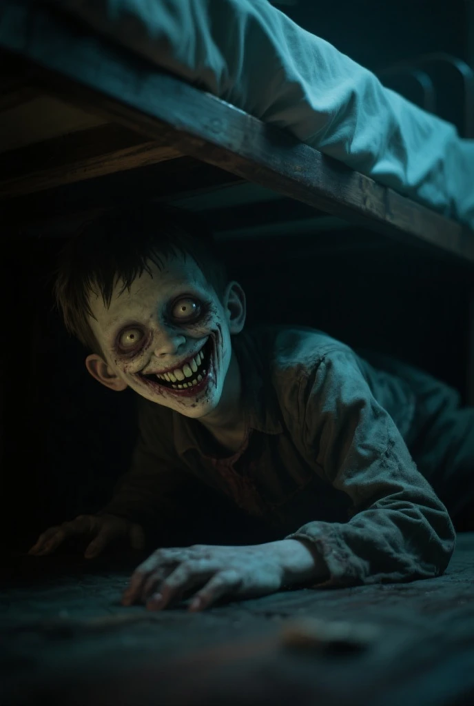 Child alone in a dark room with a macabre smile real photo