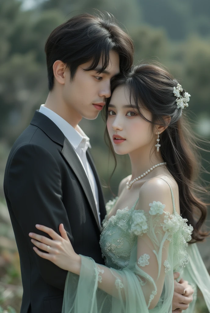 The bride and groom stood close together on the grass,Background is grassland, Cai Xukun, Ruan Jia and Fenghua Zhong, wedding photo, cute couple, jia, Yan, yanjun cheng, shaxi, ruan jia and brom, Lu Ji, shot with canon eoa 6 d mark ii, xue han, Chen Zezhou, Taoist