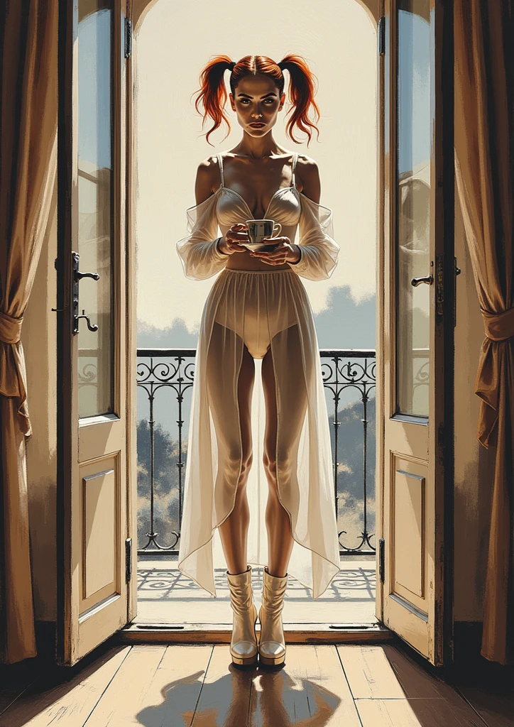 1woman, 40 years old, Arabic, middle eastern, Muslim, wearing Silk Hijab, white see through pyjama, glossy red lips, lips so delicious, high heel, erfly tattoo in belly, polished nails:0.91, huge breaivate parts slightly visible, setting on a chair in a balcony, from a skyscraper, drinking fresh coffee, putting her legs into the table, beautiful scenery, sunny day, clear sky, cinematic lighting.
