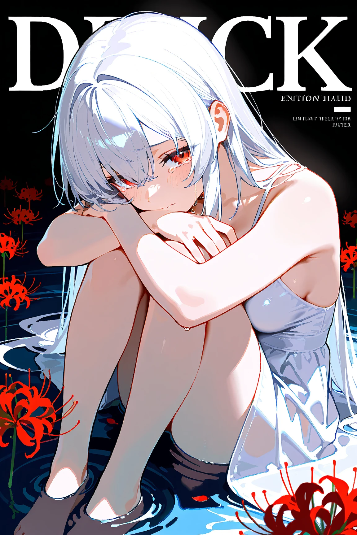masterpiece:1.2, best quality, ultra-detailed, super_detail, finely_detailed, perfect_anatomy, 1girl, long white hair, tearful eyes, ((crying:1.3)), sad expression, emotional vulnerability, white one-piece dress, barefoot, curled posture, knees to chest, ((sitting on still water:1.3)), single red spider lily beside her, vivid red contrast, solitude and memory, endless shallow water, soft ripple effect, (desaturated color tone:1.2), pure white to pale gray void background, no horizon, featureless space, emotional emptiness, looking up at viewer, eye_contact, viewer_focus, mid angle, soft high-angle, cinematic emotional shot, medium-distant composition, minimalism, soft ambient light, (light_white_particle:1.2), cinematic emotional still, fake_magazine_cover, modern layout, cover headline, logo at top, fashion magazine style, (highly detailed skin:1.2), defined facial features, detailed eyes, 8k uhd, film grain, Fujifilm XT3
