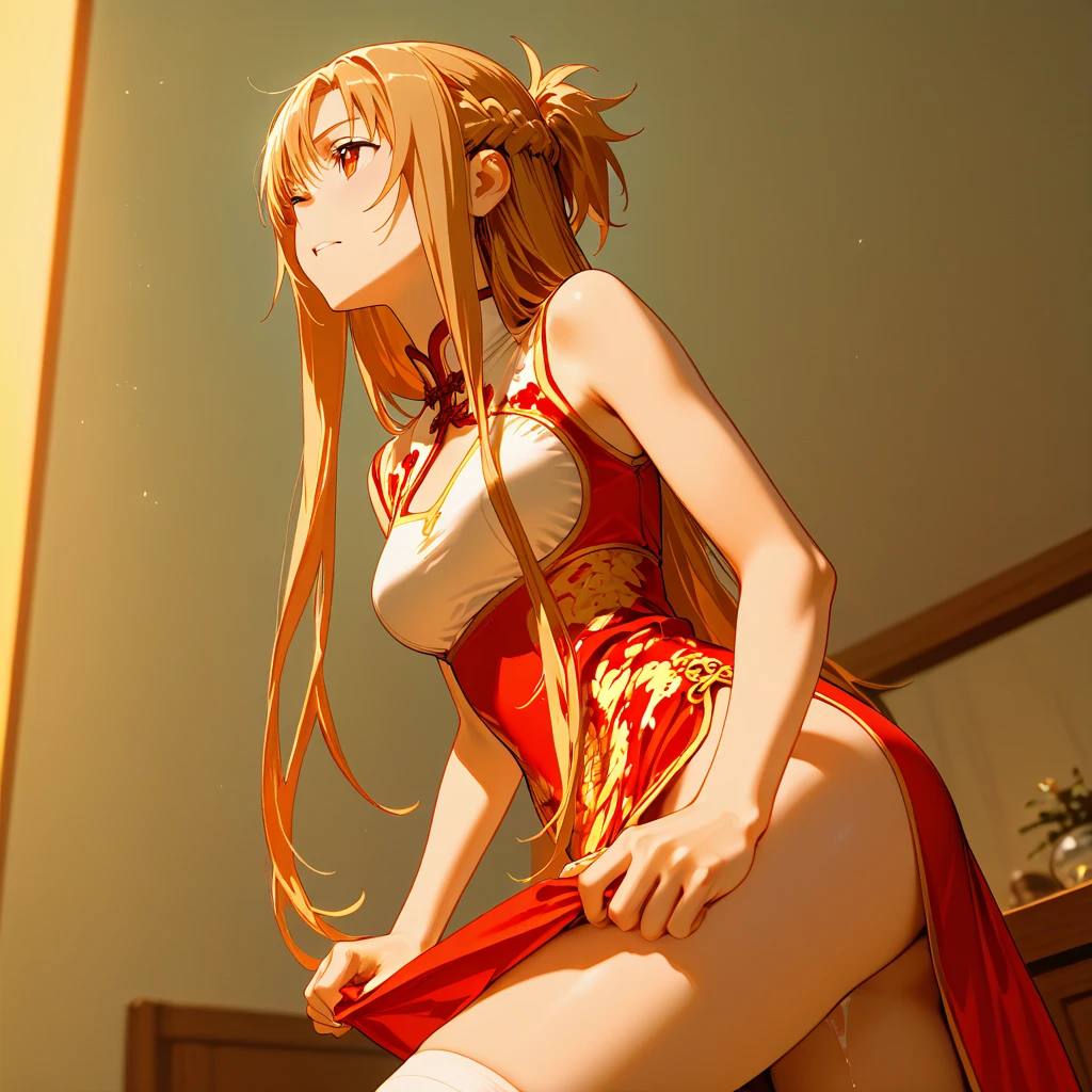 (red ribbon on hairband:1.2),masterpiece, best quality, highres, 1girl, solo, Blonde hair, RED eyes, High resolution, good lighting, , (No nudity), (((White China dress))), (((((turn around and look back)),from below))), (((squatting))), (garter belt), abdomen only, (ass Focus), , cute face,embarrassed and blush, humiliating, ((See-through))()(T-back)(a large amount of is on the body,)