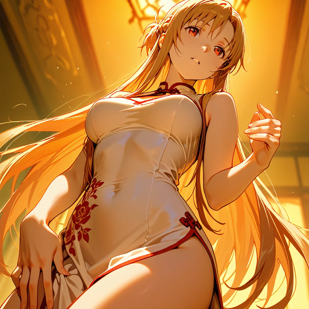 ((highest quality)), ((masterpiece)), (detailed), Perfect Face、(Yuuki Asuna)、(The woman has bright blonde hair)、((女はBedroomの鏡の前で口紅を塗る))、((The man is satisfied with the sight of the woman))、((The woman is wearing a flashy, shiny, gold, see-through dress with a long slit.))、(Gold racy bra and panties)、The man is dressed luxuriously、((The man has a strong body and a big dick and balls))、(The woman looks happy)、The man looks satisfied、Bedroom