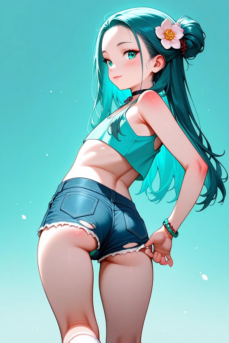 1 girl, purple hair, Drill hair, in a white T-shirt and red thong, hair ornament, a high resolution, long hair, X, X hair ornament, ass