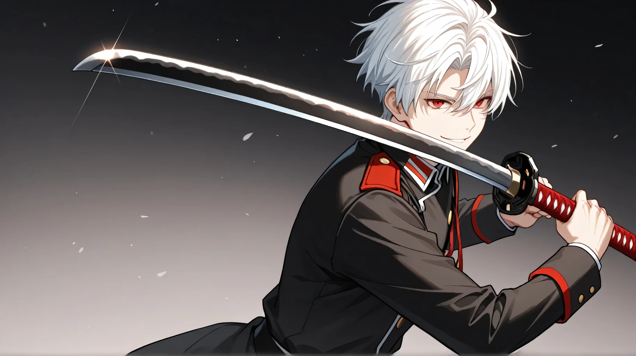 men white short hair red eyes military cloothes happy face have katana