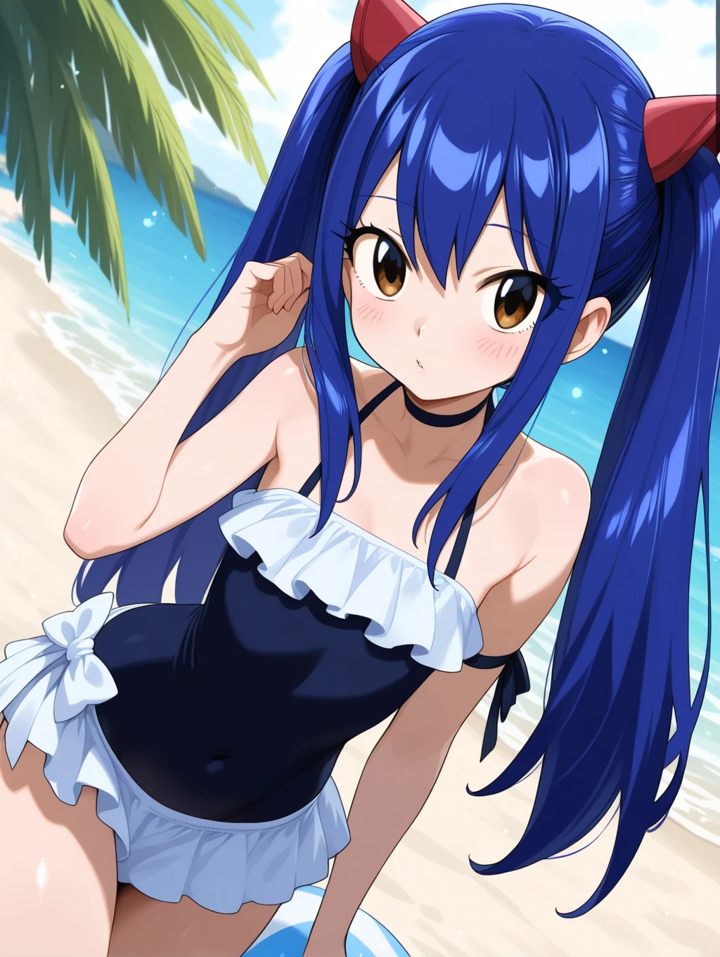 <lora:Salia_Crossange-10:1>Salia_Crossange, 1girl, solo, long hair,twintails,brown eyes,blue hair,swimsuit,swimsuit,sandals,blue one-piece swimsuit,casual one-piece swimsuit