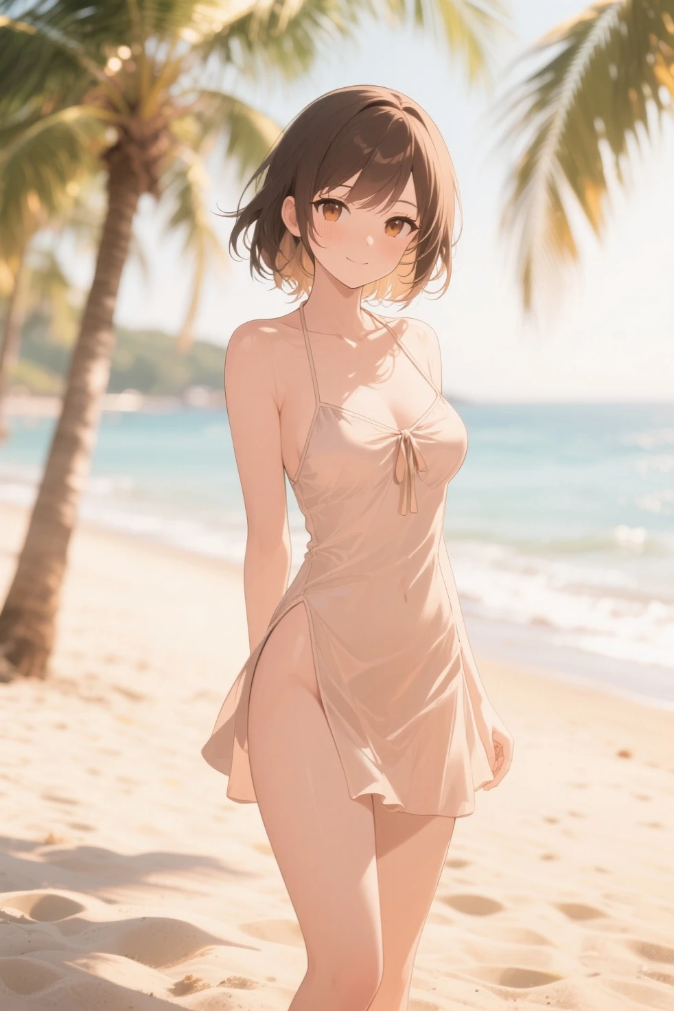 Mikasa Ackerman, Summer dress, short yellow dress, lifted dress, wind, white thong, playa, standing, medium breasts, perfect legs, perfect arms, pose sexy, perfect body, noon