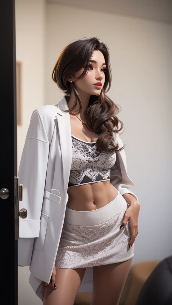 Woman standing up wearing panty and working office top