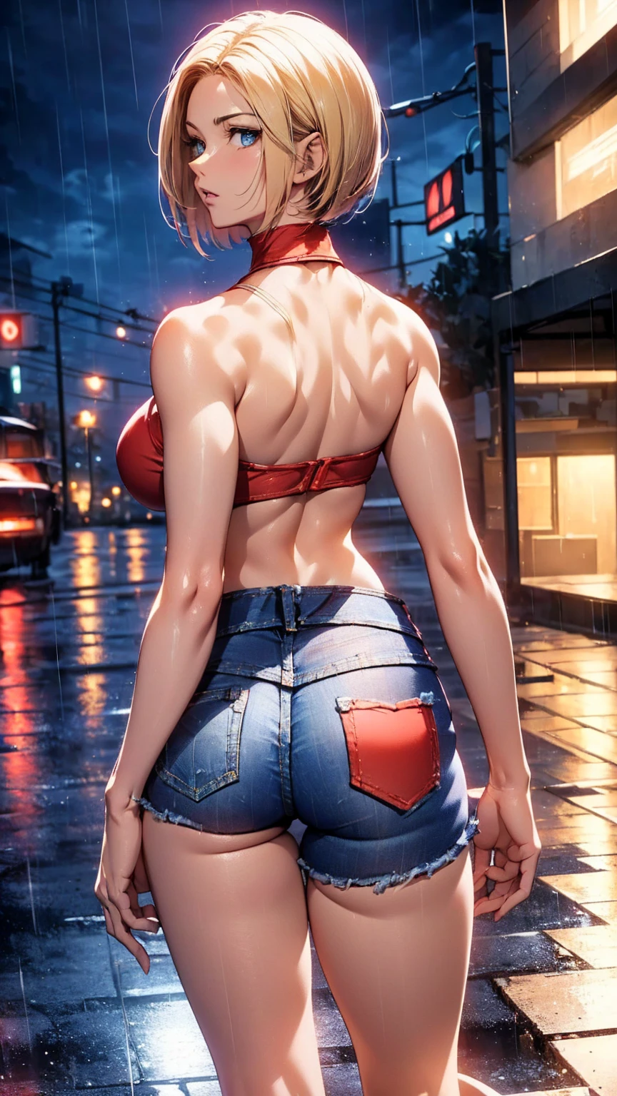 Sakura Haruno, milf, mujer mayor, cabello rosa, blusa corta, blusa levantada, brassier visible, (( jeans, jeans flojos, jeans bajados, tanga visible , thong blue, ruborizada, sonrisa, feliz, oiled skin)), short hair, pink hair, (( arms behind the back )), ((arms behind the back )), Curvy body, ((, gigantic sagging breast )), piernas largas, piernas abiertas , abs , muscle, Iparuputsua, squat, en la playa de noche, luces de ciudad a lo lejos, Cancun .