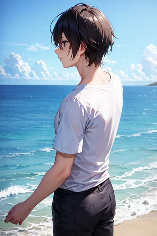 (Various positions)、16-year-old boy、(1boy)、A close-up view of a bird looking up from below the ground.、Focus on the buttocks facing back.、As a matter of fact, cute 18 year old boy,Target adhesion，Wear a gray T-shirt.、Wear tight shorts.、Sea bread，beach，Real face，Page zoom，Slight swelling