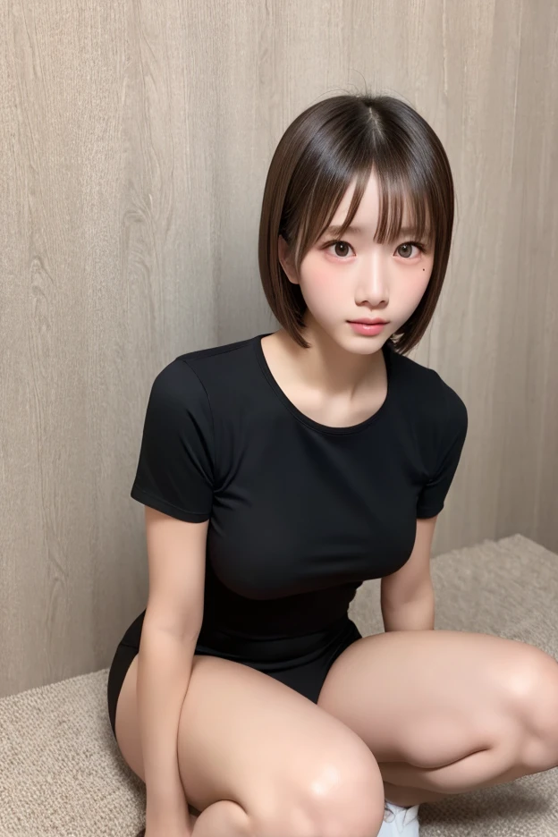 best qualtiy,4K,(masterpiece:1.3),japan woman,hyper realisitc,1girll,naked, (Bewitching body:1.2),extra short hair,Super Detailed Face,hyperdetailed lips,Detailed eyes,二重まぶた,Ultra-low neckline,Open neckline,hanging breasted,Please make eye contact with the camera,Bewitching body,Black hair,The whole body is sweaty, Mature Woman, Saddle, squatt, Spread your legs apart, Spread your legs and do a crotch pose, Didn't wear it, Dark hair, Ecstasy, (looking-down), look at a camera, hereinafter, spread pussy, (orgasm face:1.2), pubic hair,