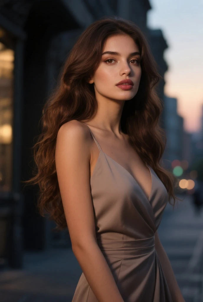 a selfie (masterpiece, best quality), beautiful woman, detailed sleeveless turtleneck, pants, necklace, wavy hair, perfect face, beautiful face, seductive, big beautiful eyes, open mouth, happy, perfect slender body , (outdoors), city streets, New York, bright colors