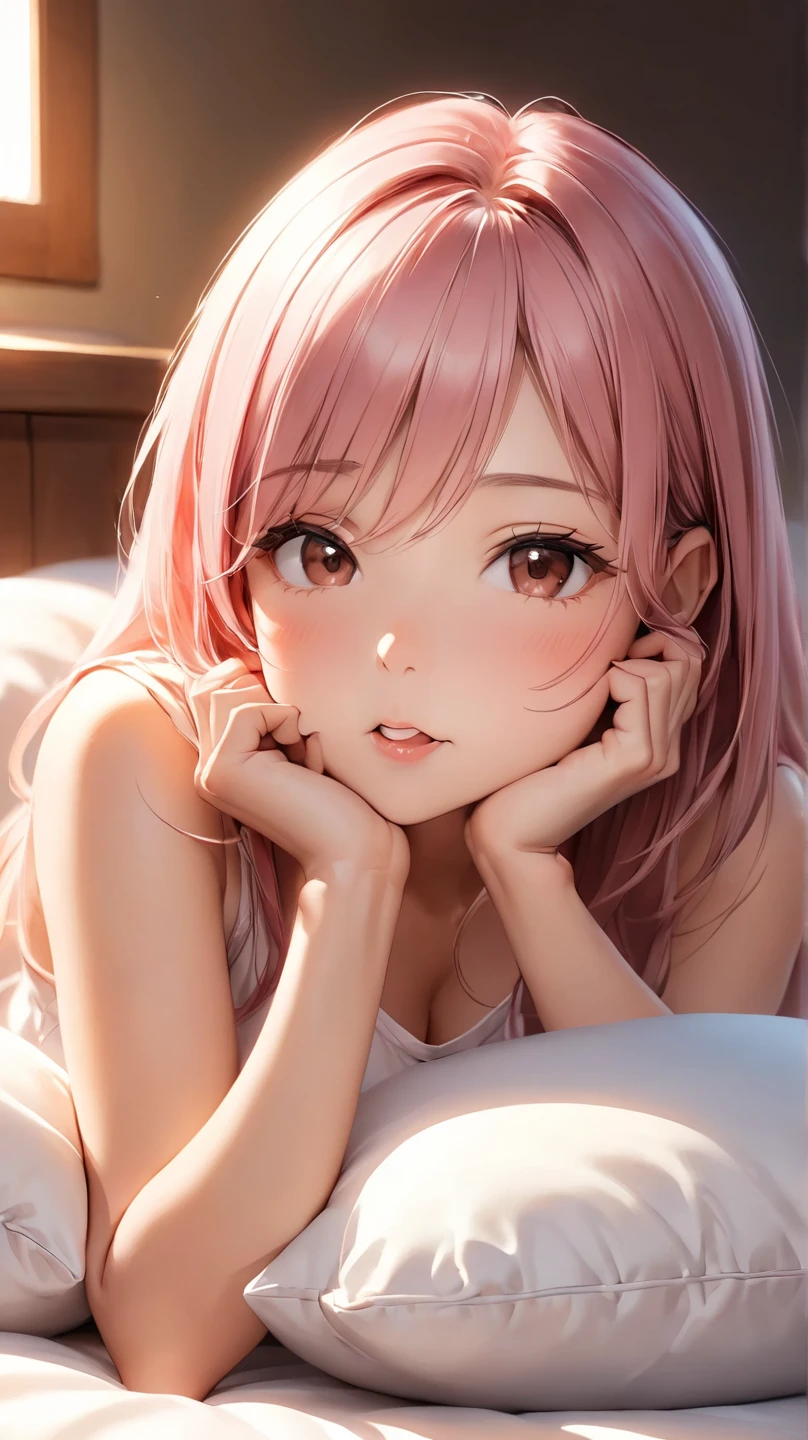 (Best Quality,High resolution,8K,finelity detailed background,Masterpiece:1.2),beautiful girl,Shiny pink hair,messy hair,Pink eyes,Gentle look,A refreshing look,Best quality,Best Quality,Aesthetic and aesthetic:1.2,Best details((Super detailed))(High-definition CG illustrations),cuteパジャマ,Slender body,night,Moonlight,Bedroom,On the bed,smile,blush,cute,Scrounge,Looking up,Being spoiled,super model,wariza,shoot from below