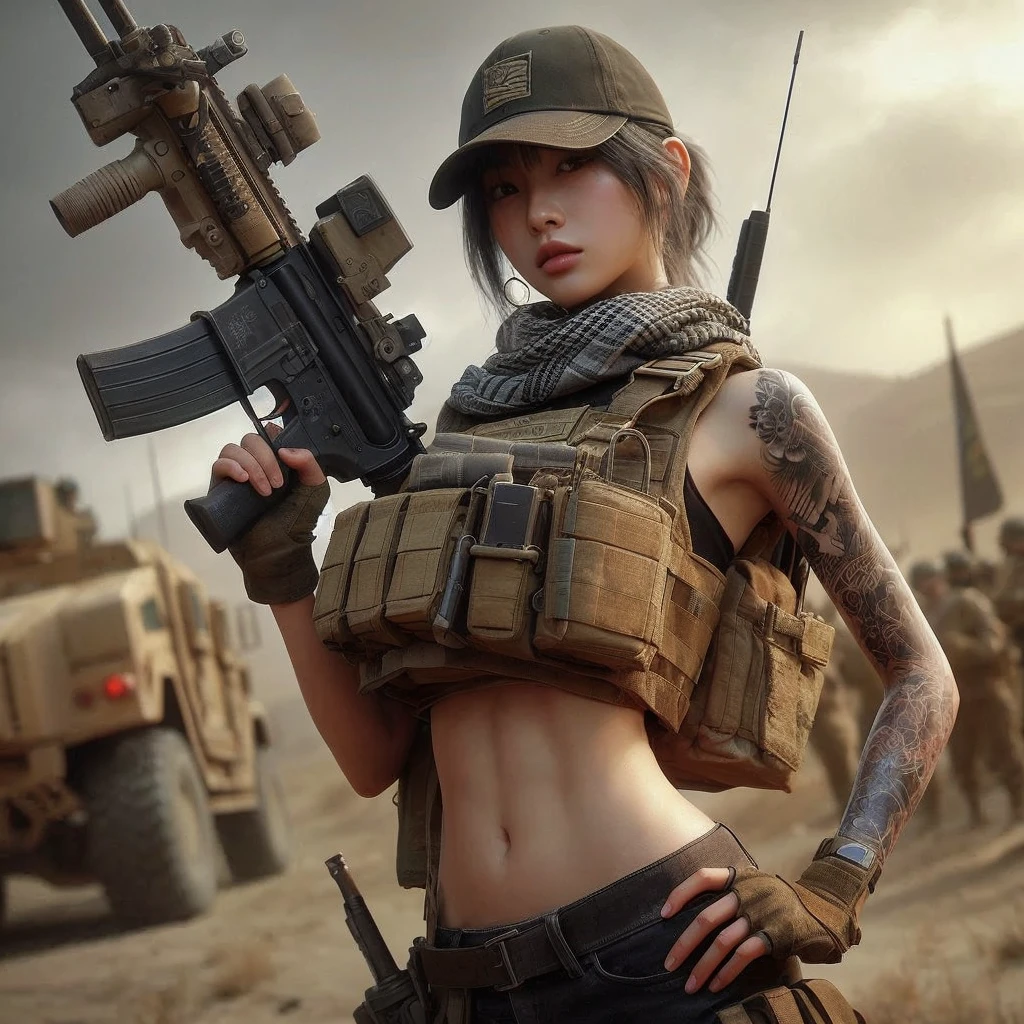 photorealistic、realistic skin texture、automatic rifle
