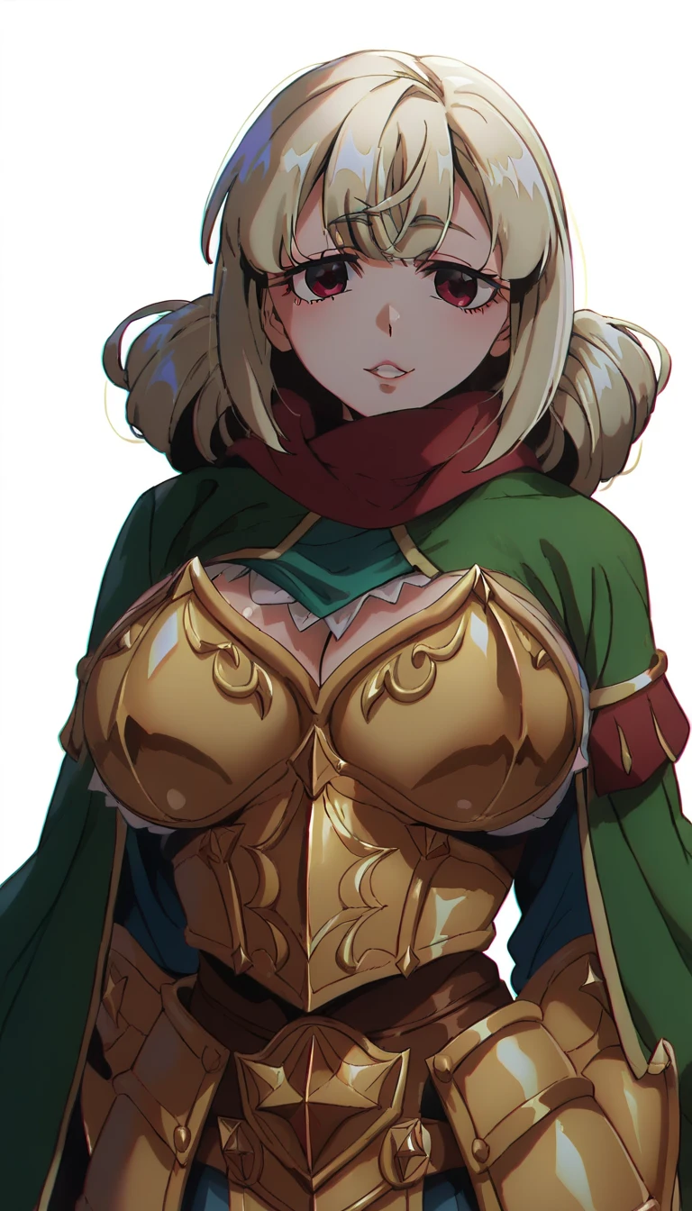 Copper bikini armor, copper crown, bare belly, big breasts, blond hair, red eyes
