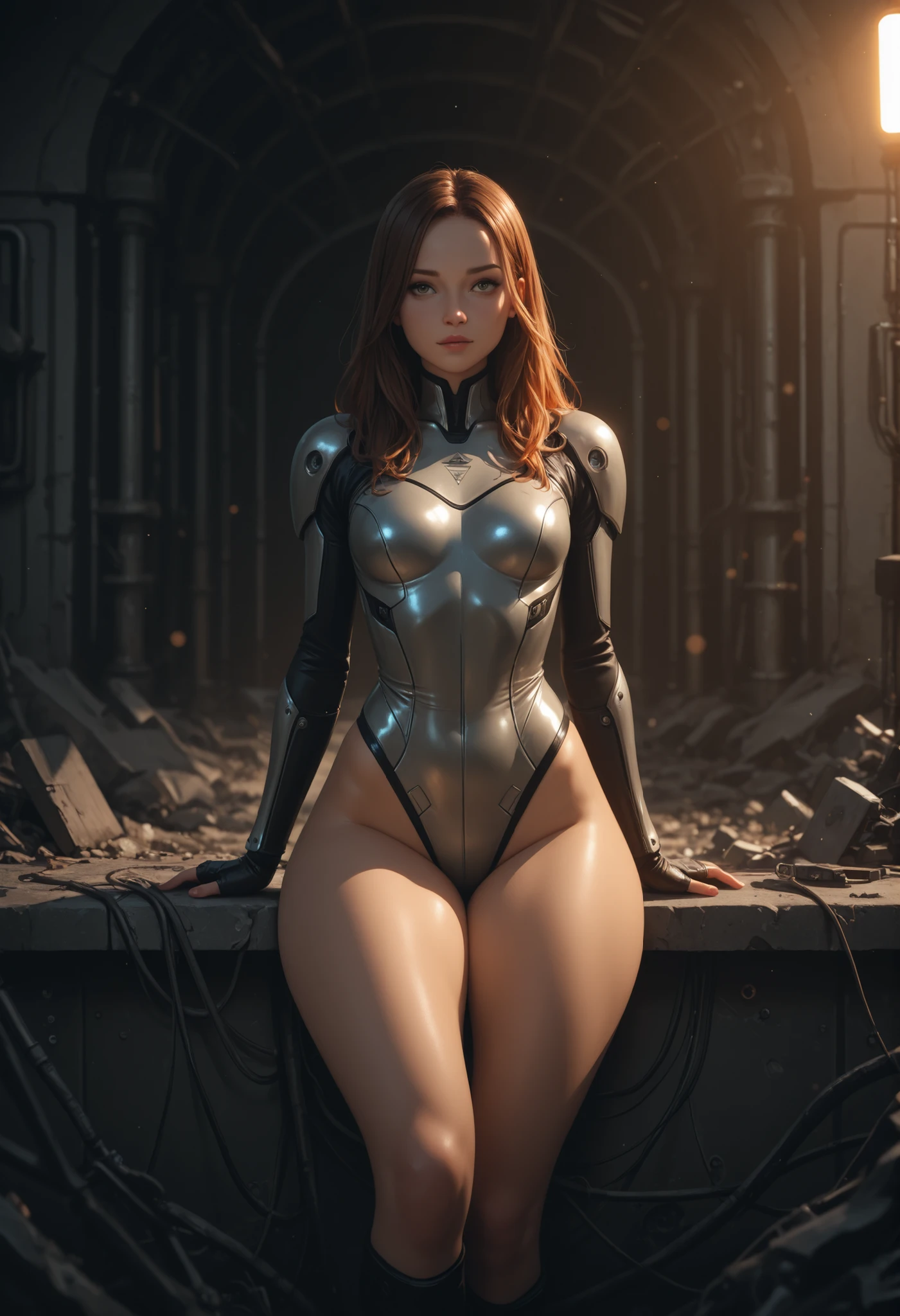 A cyborg girl stands in the center of a large bright studio and is engaged in creating her self-portrait on canvas. She is depicted in all her majestic beauty and elegance. Her metallic skin reflects the light, creating a play of hues and highlights like an expensive piece of jewelry.
Her long metal hair frames her face, giving her a mysterious and alluring look. Her bright eyes, in which light shimmers, stare straight ahead with confidence and the strain of creative inspiration.
The cyborg girl is depicted in a graceful pose, showing off her grace and strength as well as the fine workings of her mechanical limbs. Her hands hold brushes and are immersed in the creative process of creating a stunning work of art.
The outline of the self-portrait she is creating with oil paints is already outlined on the canvas. The drawing begins to come to life under her dexterous fingers, gaining depth and volume, and the coating of color fills the canvas with bright hues and rich colors.
This entire moment is captured in a gorgeous and amazing scenario that combines the beauty of art, power and technological advancement to make the cyborg girl a unique and inspiring image. beautiful shiny smooth, high quality, best quality, absurdres, masterpiece, beautiful, intricate details, 1/2 body crop, slim body, beautiful figure, magnificent anatomy, (intricate details:1.12), HDR, (intricate details, hyper-detailing:1.15), (natural skin textures, hyper realisitc, soft light, Sharp:1.2)