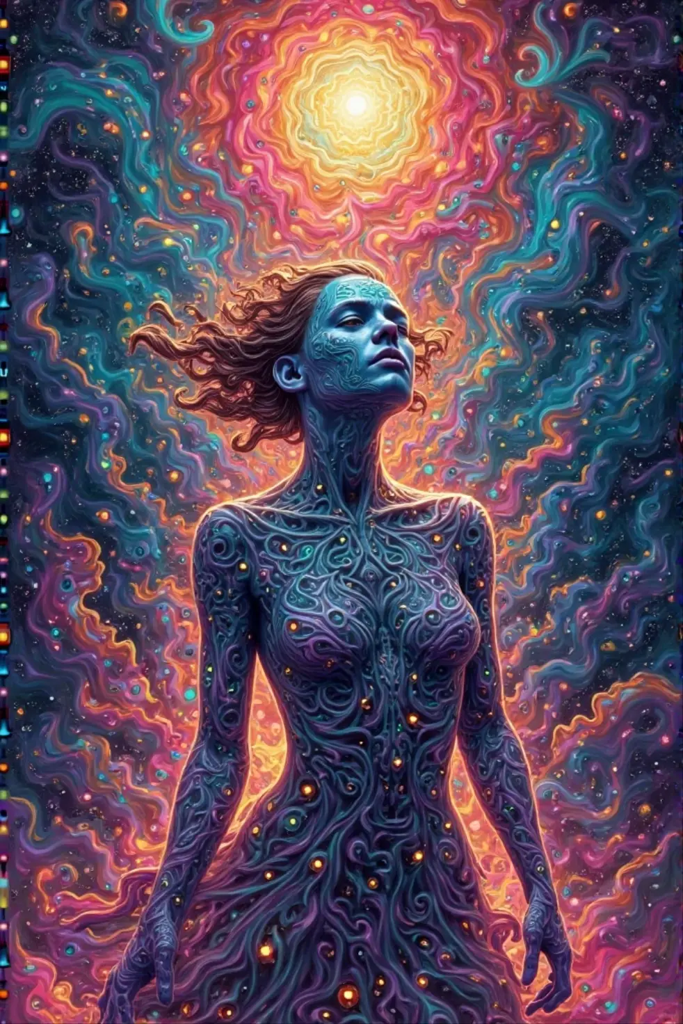 inconceivable and spectacular a scene of emergence of a figure from the glowing cloud, fractal nebula threads, cosmic entities, celestial, cosmic, vibrant and vivid, swirls, twirling, unrealistic, high contrast, symobolism, magical, mystical, mystifying, hyperrealistic, oversaturate, colorfully((( big hips, breast)))