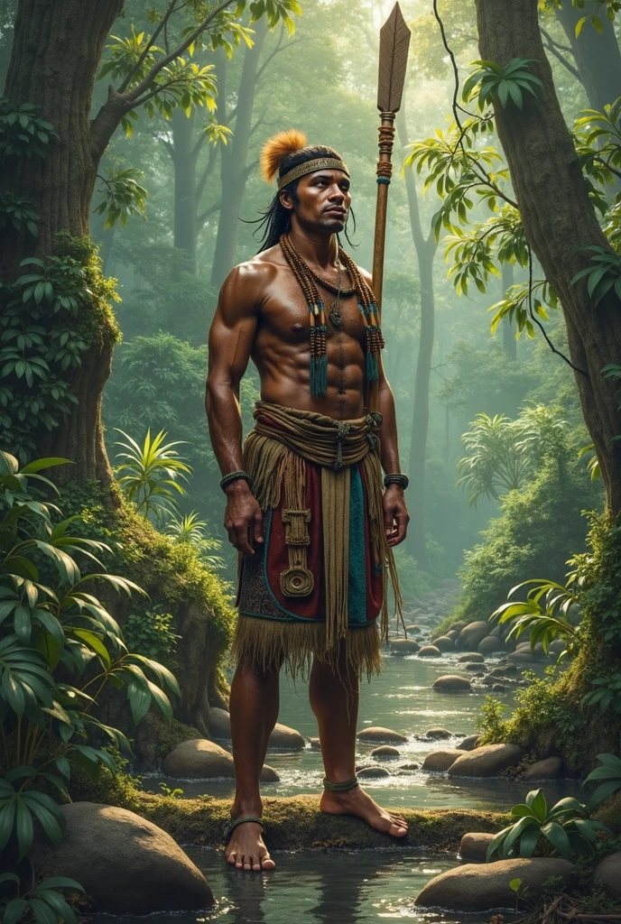 Create an image of an indigenous chief, 40 years old, high, thin and a little strong, dark brown skin, short hair with some gray, that he is wearing a feather crown and has a spear in his hand 