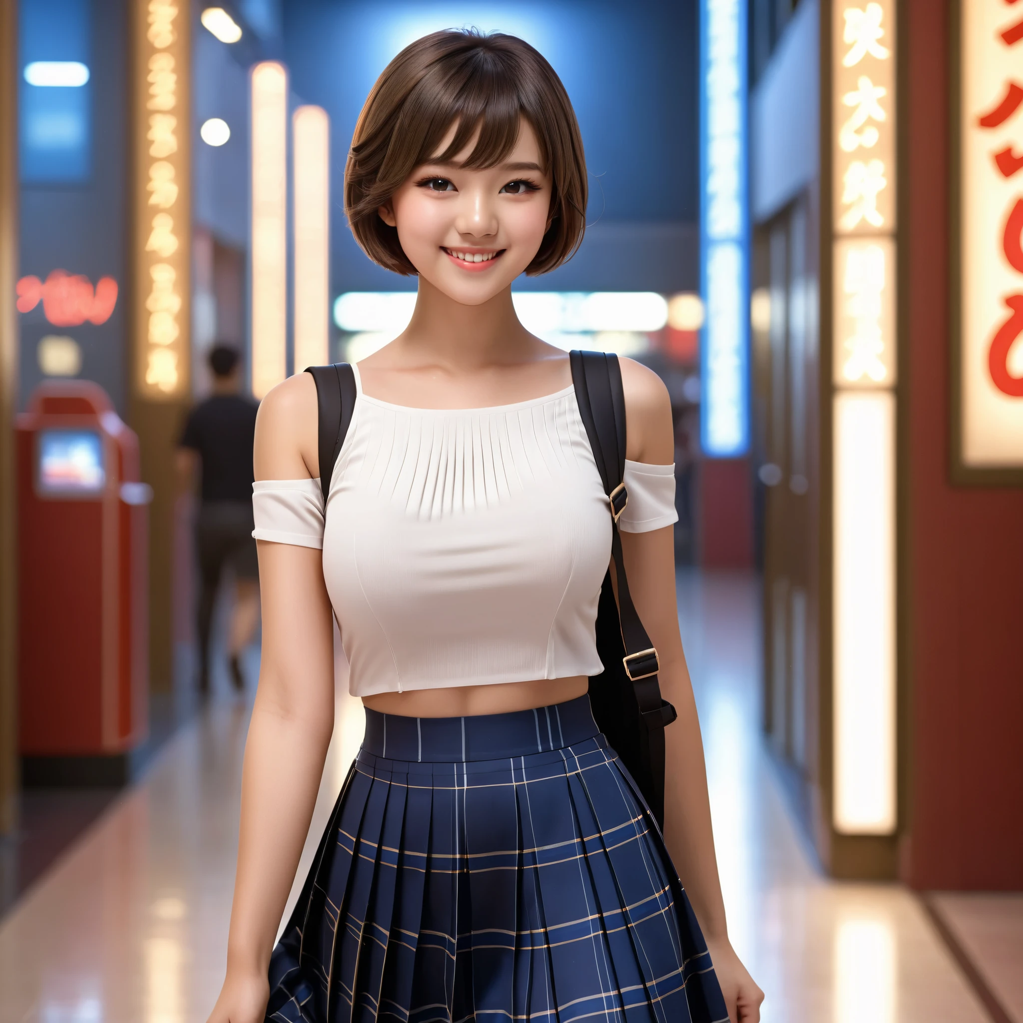 master piece,best quality,ultra detailed,, 1 girl, full body, front view, a pretty young Japanese girl , 18 years old, short hair, Walking down the hallway with a big smile, charming figure , Big Breasts, BREAK Shine outside the spectacular movie theater lights of , Plain dark blue ribbon tie, dark blue tartan plaid pleated skirt, carrying a backpack on one's shoulder, super cute face, glossy lips, double eyelids in both eyes , Natural Makeup, long lashes, shiny smooth light brown hair, asymmetrical bang , Fair skin, Center image, high definition, High detail during meals, Detailed Hairstyle, detailed face, Spectacular cinematic lighting, octane rendering, lively, hyperreal, perfect limb that wraps around the body, Perfect Anatomy