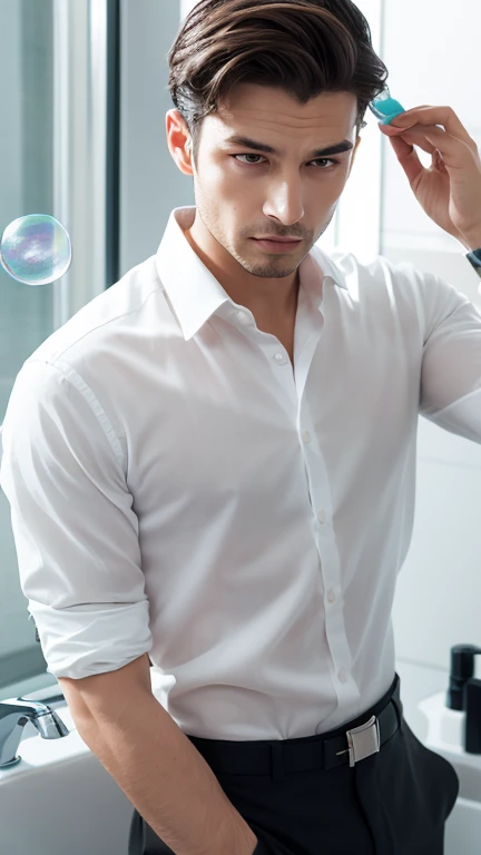 pietroboselli person as a male office worker, wearing a white long sleeve transparent seethrough hooded button up shirt, professional photography, high resolution, 4k, detailed photo, photograph by Dan Kennedy Professional photography, bokeh, rembrant natural lighting, canon lens, 64 megapixels, sharp focus, nsfw, white background