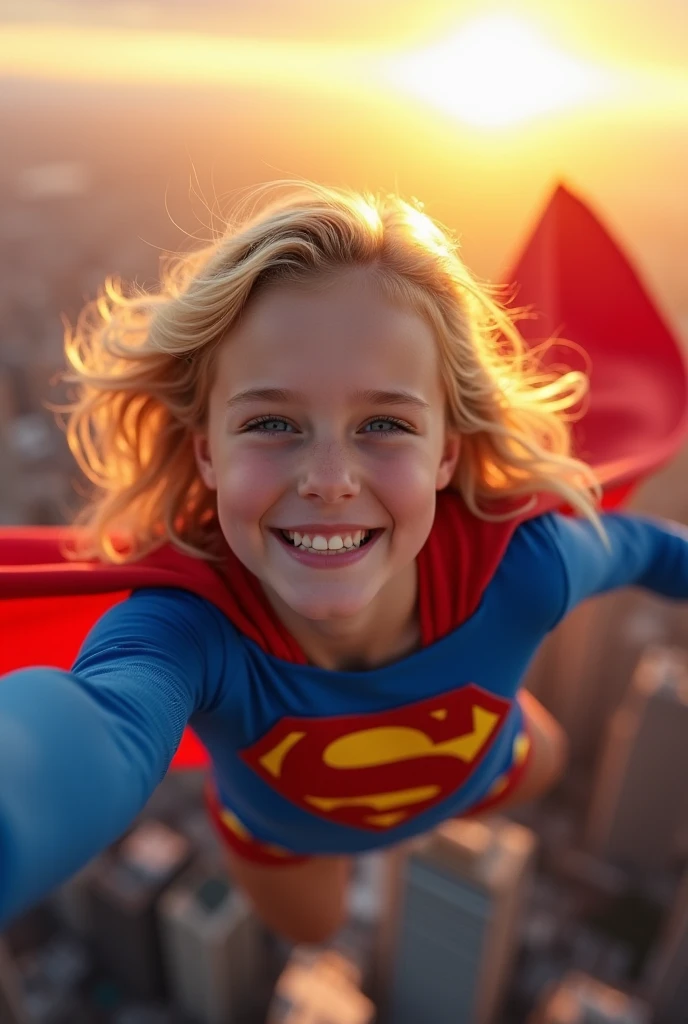 6 years, в костюме super girl, the red cape and hair develops, flies in the sky above the city, Waist-high close-up
