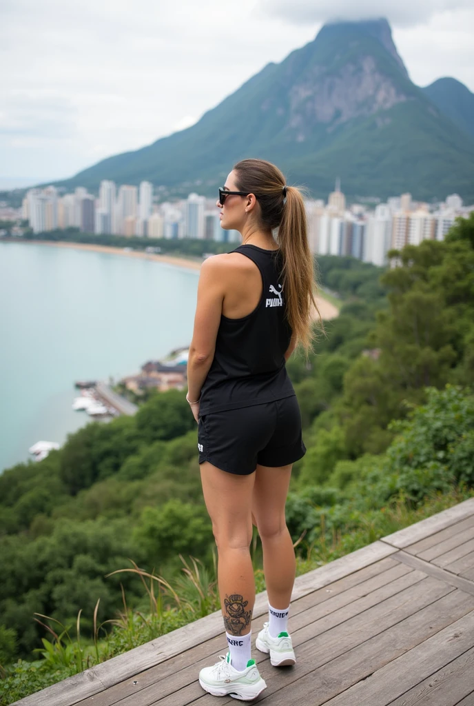 A girl with her hands in her pockets looking towards the me standing on the ledge of a mountain with a city in the background at night time