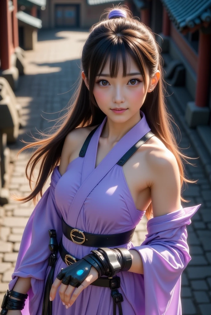 a very beautiful japanese girl, very cute high school girl assassin, detailed portrait of innocent 17-years-old virgin, in the mountain, (off-shoulder silver breastplate), (purple long maxi-skirt:1.1), (purple arm cover, silver booties), ((full body, run away:1.1)), ((blush, she calls for aid, crying out in a loud manner, open mouth wide:1.1)), she was paralyzed with fear, perfect body, cold sweat, body soaked in sweat, firm and elastic skin, lively faces, glowing lips, watery eyes, cute double eyelids and black eyes, cleavage, attractive thighs, glossy straight medium black hair, asymmetrical bangs, hair flutters, dark fantasy, photo-realistic, surreal, cinematic lighting, 32K, backlight, (bright light:1.2), (Improvement of quality:1.4), (Highest quality realistic textured skin:1.4),detailed eyes, detailed face, detailed hand,(Enhances the beauty of skin texture:1.1)
