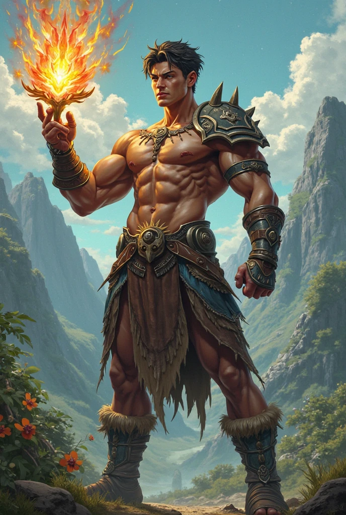 Human Druid male, 25 y/or, brown short hair, Rorte augen mit feuerborgen und muskuliert