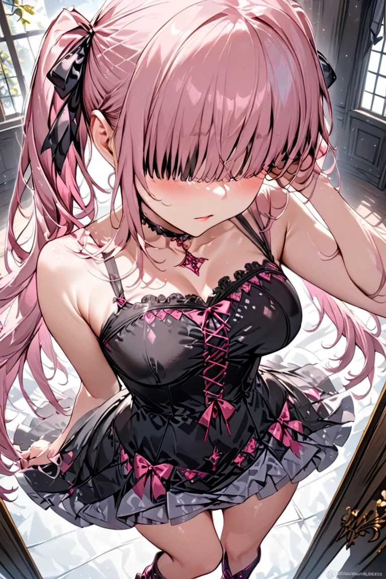 ((nsfw:1.3)),((side tie panties:1.3)),((looking pussy panties:1.3)),((high quality pussy:1.3)),(open chest:1.2),((very flat chest :1.3)),((open design skirt:1.3)),((ribbon garter)),highest quality, masterpiece, long eyelashes, Sparkling輝く目, Dresses with ruffles and ribbons, Eat cake in a café, Sparkling, Cat ear, flower hair ornament,