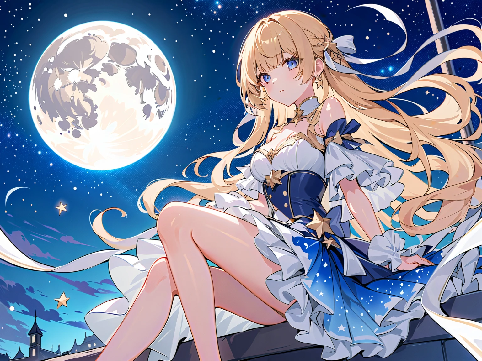 Illustration of a girl sitting on a crescent moon
