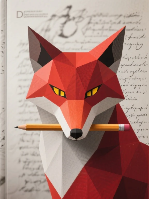 Create a poetic book layout featuring a sleek logo of a fox's head (cartoon animal) holding a paint brush in its mouth. The fox is looking directly at the viewer with a discerning (as if subtly staring into viewer's soul) from direct front view, contemplative gaze, its elongated snout pointed slightly downward, obscuring its mouth. In the background, include ambiguous, handwritten poetry that appears faded or blurred to create depth and mystery. The fox overlaps the poetry, which is positioned behind it, symbolizing inspiration and creativity. Beautiful, masterpiece, high detail. Bright Red Fur, Yellow Eyes, Slit Pupils. Sharply Defined Cheek Fur.