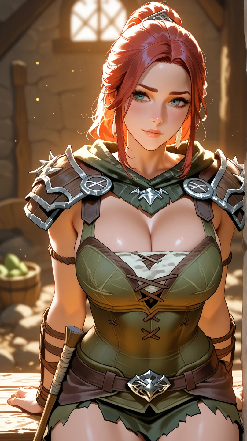 1womanl, in the mouth, armors, Red hair, battle pose, Photorealisitic, Hyperrealisitic, hyperdetailed, analog style, tilted hip, demure, low cut, skin detailed, matte skin, soft lighting, underground dispersal, realisitic, heavy shadow, work of art, best qualityer, ultra realisitic, 8K, golden ratio, intricate, high détail, Film photography, softfocus, nblurry background