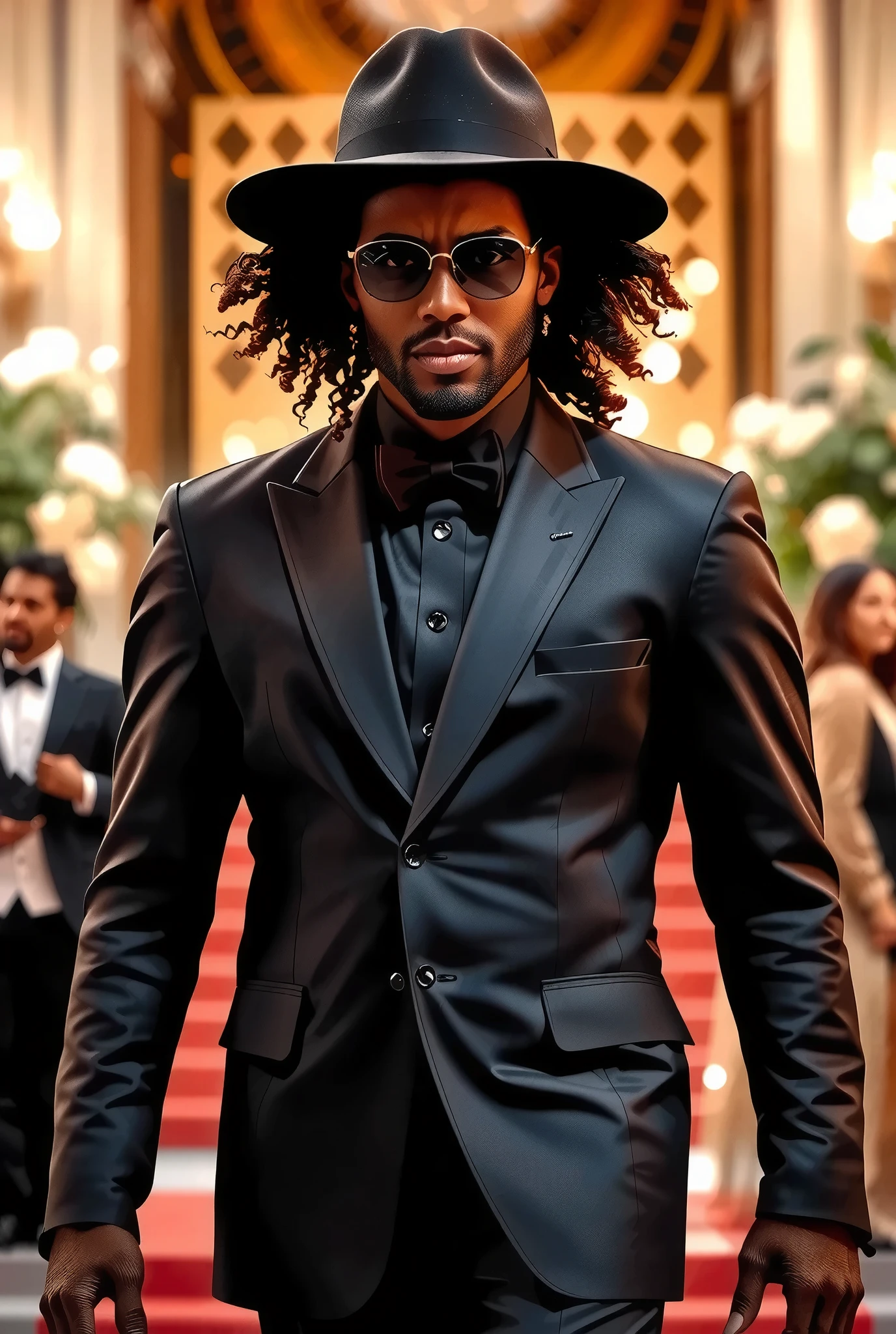 (Met Gala, Black dandyism Night, beautiful tailoring with Black Diasporic Identity, Beautiful three-dimensional structure, A gorgeous and dynamic costume), solo, from above, Slaves to cyber Fashion, Styling of destiny on the red carpet, Darts, Patch Pocket, Welt Pocket,
stylish pure Black emotion,