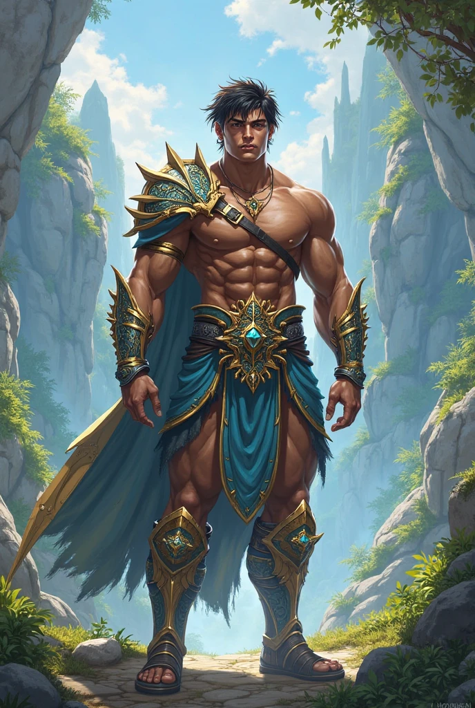 Powerful warrior, upper torso unveiled, lower body uncovered from thighs to feet, cascading long curls, meticulous muscle definition, lifelike depiction, 4K resolution. Background: Mythical fantasy landscape.,32k uhd, best quality, masterpiece, super detail, high details