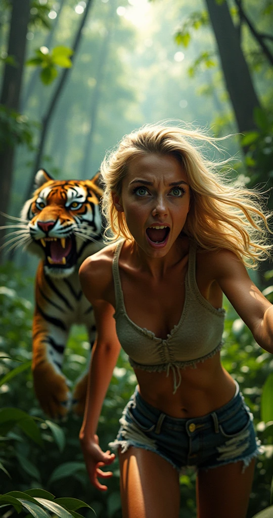 (1girl), Solo, Extremely cute, Amazing face and eyes, (Beautiful lovely smile), Blonde hair, (extremely detailed beautiful face), bright shiny lips, (small soft breasts:1.5), (ripped clothes:1.5), (Best Quality:1.4), (Ultra-detailed), (A hyper-realistic, Photorealsitic:1.37), Beautiful fair skin, extremely detailed CG unified 8k wallpaper, RAW Photos, professional photograpy, depth of field, bokeh, Cinematic lighting, dense woods, (nighttime scene, Quiet Night Jungle:1.2), (A horde of attacking beasts:1.7), (run away desperately), (Silence, night sky:1.3),