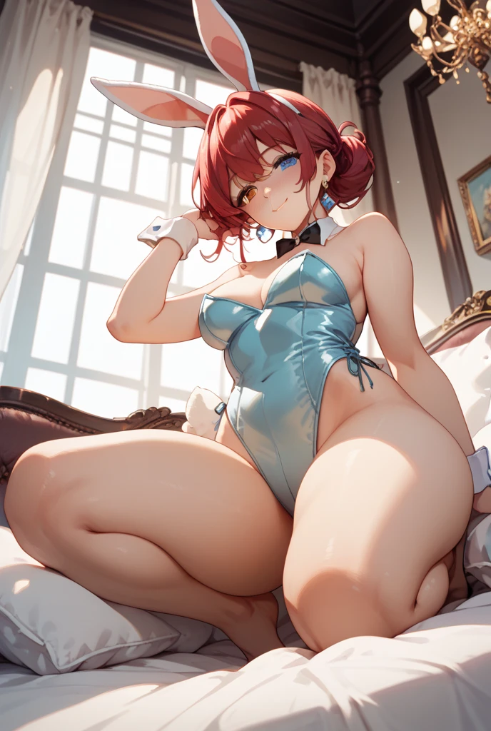 1boy, androgyny, Delicate body、female system、thin body、 Dark blue messy hair, wide and very bright blue eyes, hard disk, masutepiece, Vibrant, Red high heels, light blue micro bikini swimsuit, full-body view, Warm smile, Black stockings、large male bulge、Stroking shoulders