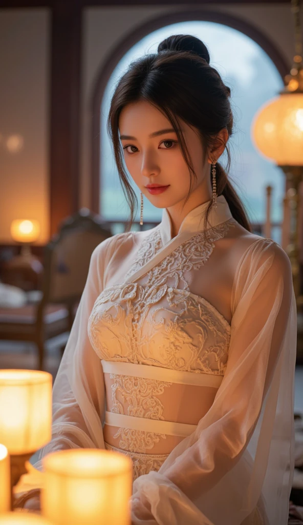 Create an image of a beautiful woman wearing a sexy, see-through traditional Korean nightgown, so thin that the wearer&#39;s nipples and skin can be seen. She has a slender face, sharp eyes, long hair, a pointed face, a high nose, and thin lips. Her breasts are 32 inches with pink nipples, her waist is 24 inches, her hips are 33 inches, her skin is bright and white. She has light brown hair. Her figure was slim and slightly muscular. And she was sitting with her legs spread open showing her very attractive genitals.